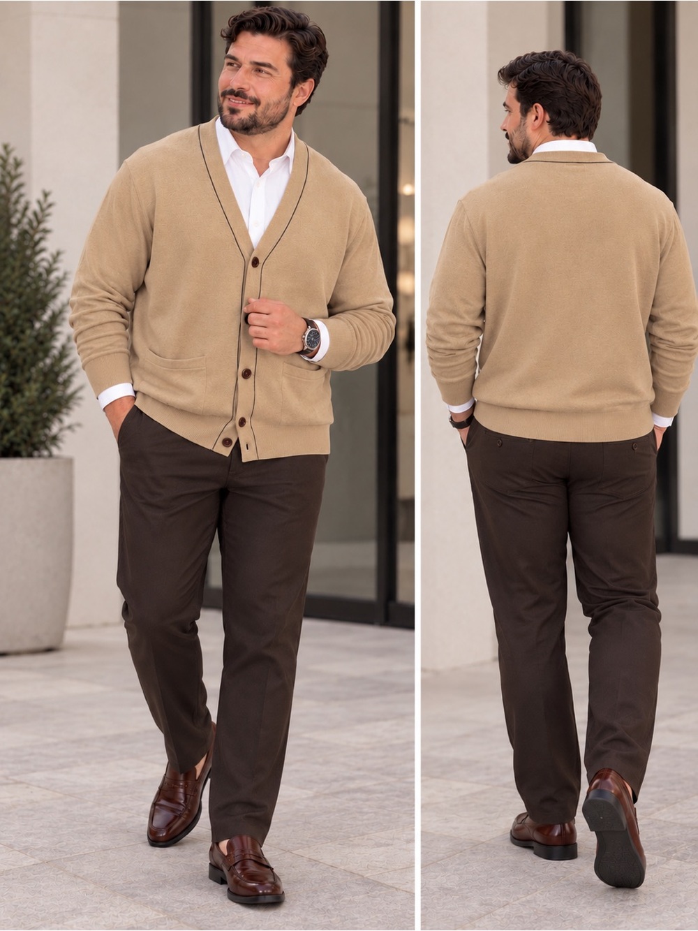 Lands' End Men's Tan V-Neck Cardigan with Contrast Trim XXL 100% SUPIMA° COTTON